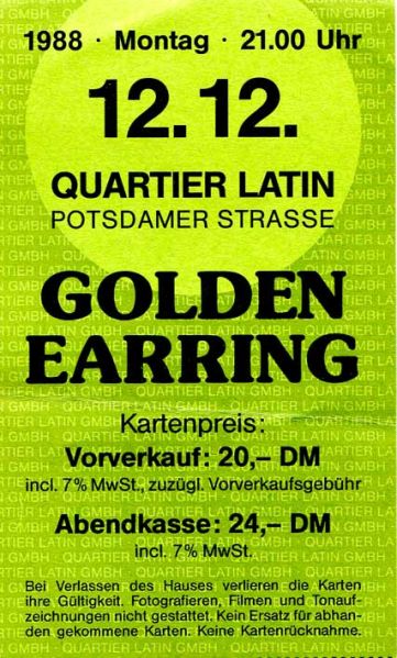 Golden Earring show ticket Berlin - Quartier Latin December 12 1988